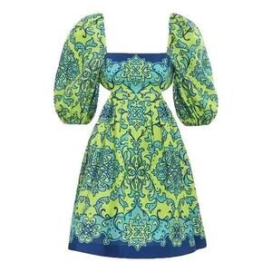 Zimmermann Bold Yellow-Green Linen Baroque Puff Sleeve Dress